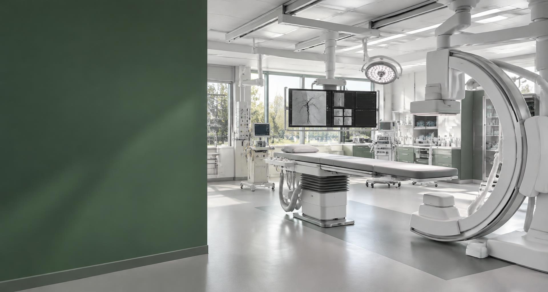 Imagen ilustrativa de una sala de radiología intervencionista con equipo de angiografía